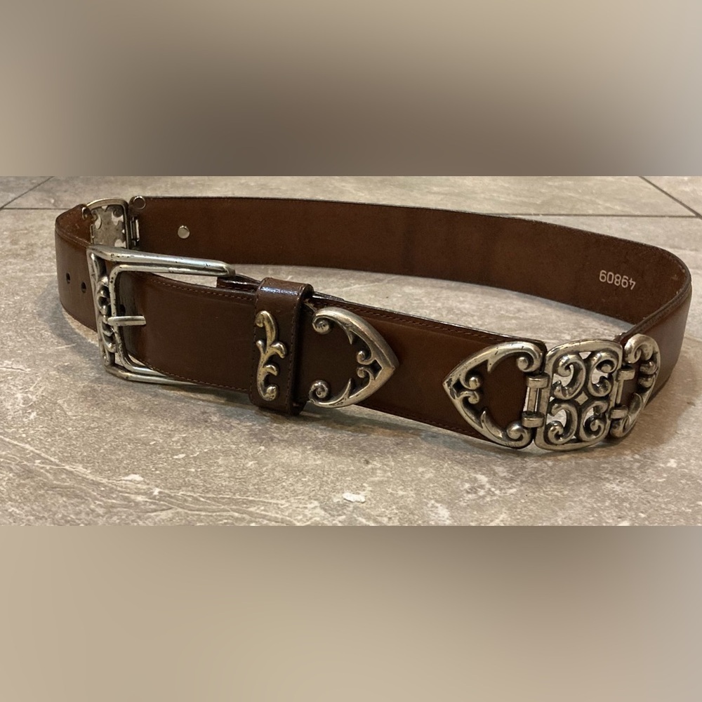 Brighton Belt Brown Leather w Silver Tone Metal Women's Sz 36W Made In The USA